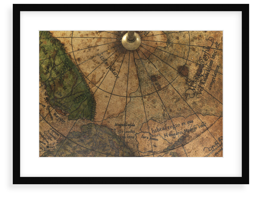 Terrestrial Globe, detail of the presumed location of the magnetic north pole by Gerard Mercator