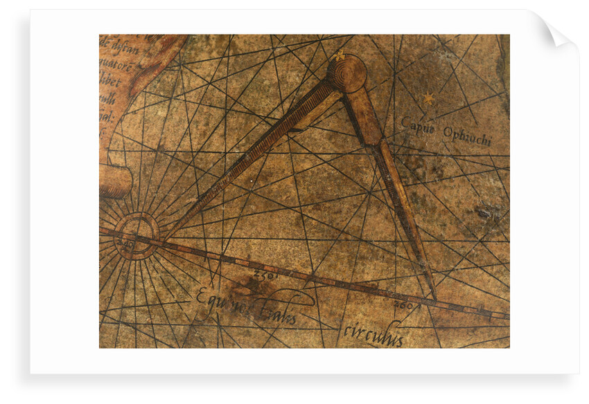 Terrestrial Globe, detail of the Pacific Ocean with a large pair of dividers by Gerard Mercator
