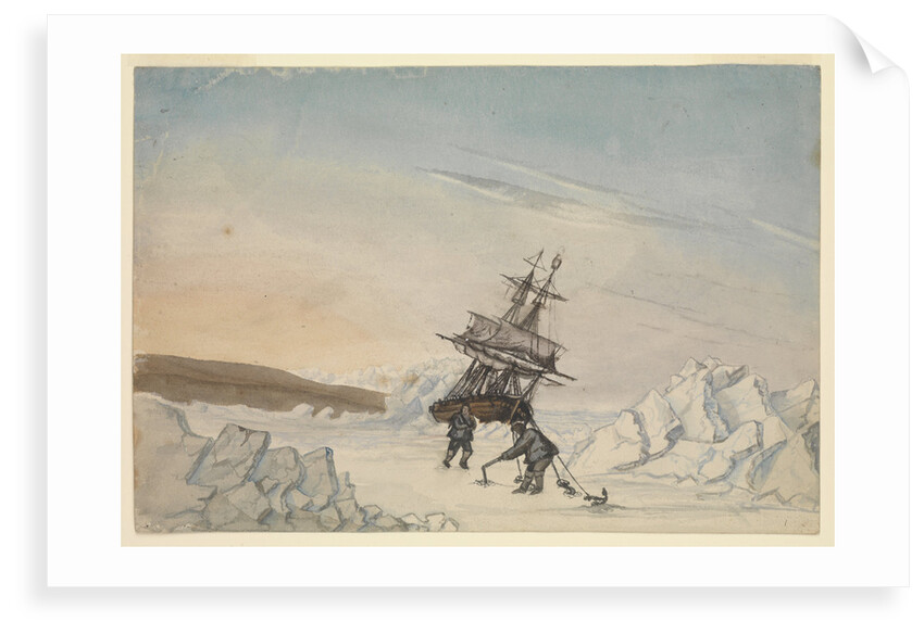 A ship stuck in the ice with two members of crew fixing the ship into ice with four fastenings by Edward Newell Harrison