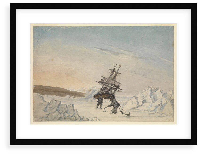 A ship stuck in the ice with two members of crew fixing the ship into ice with four fastenings by Edward Newell Harrison