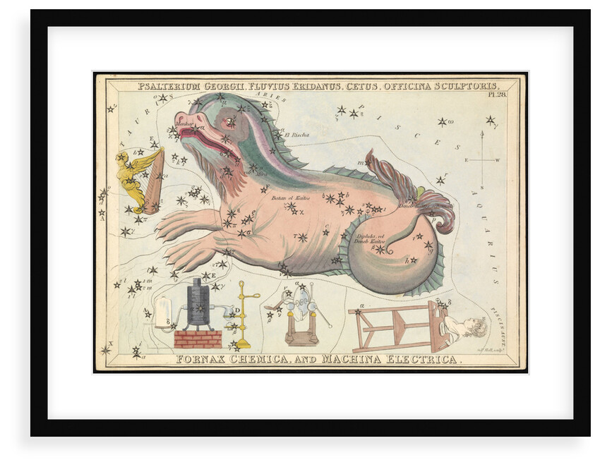 Psalterium Georgii, Fluvius Eridanus, Cetus, Officina Sculptories, Fornax Chemica and Machina Electrica by Sidney Hall