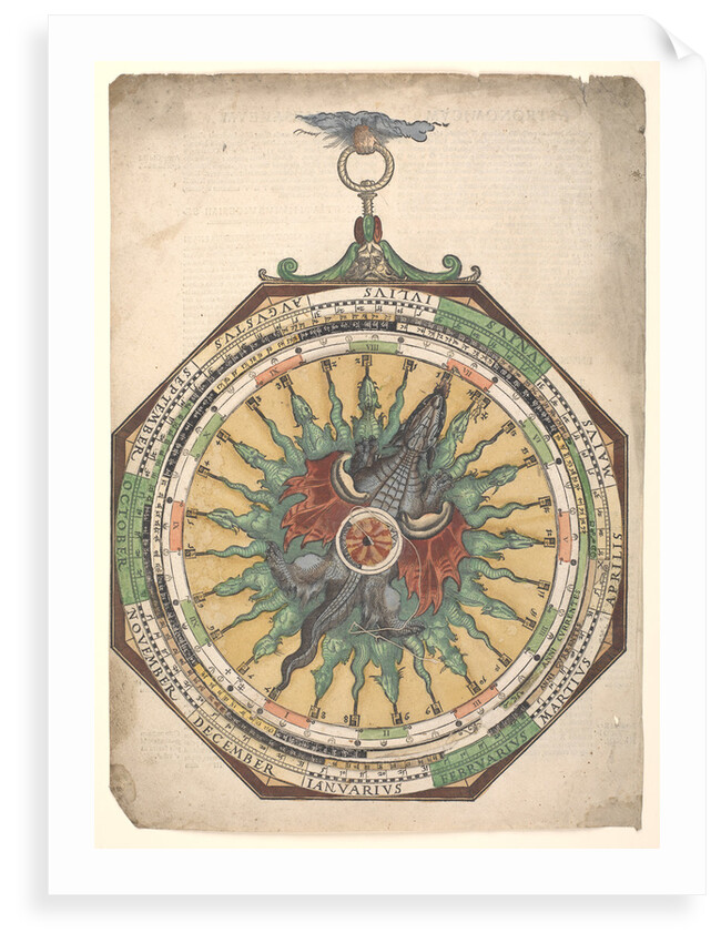 Volvelle giving the rules for predicting solar and lunar eclipses. One of the volvelles features a dragon with multiple heads and a partial solar eclipse by Peter Apian