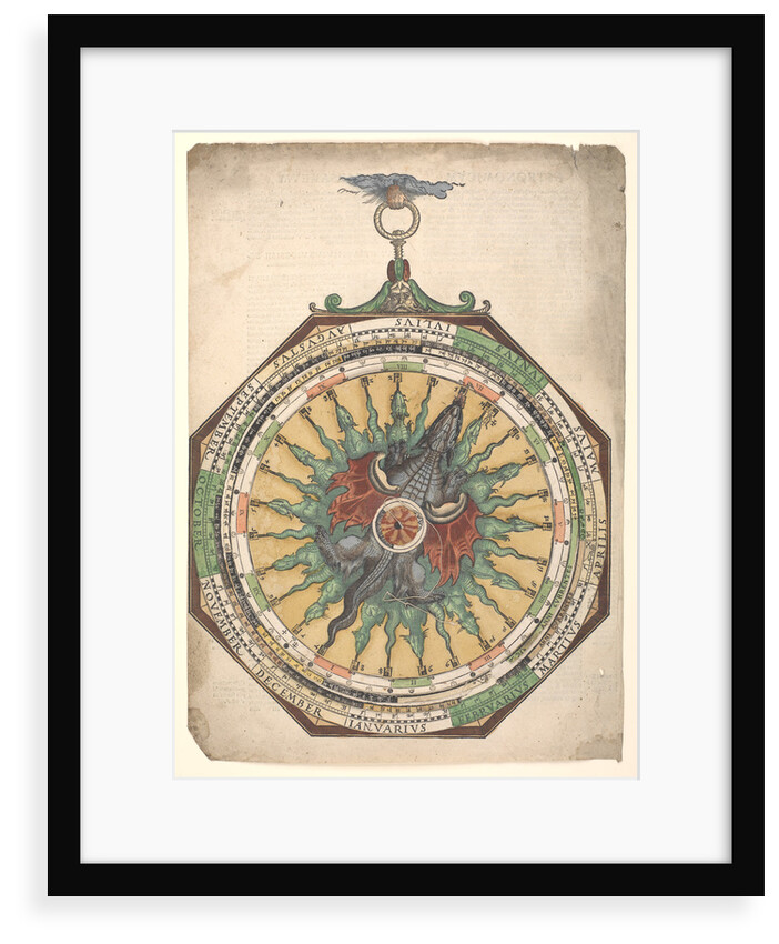Volvelle giving the rules for predicting solar and lunar eclipses. One of the volvelles features a dragon with multiple heads and a partial solar eclipse by Peter Apian