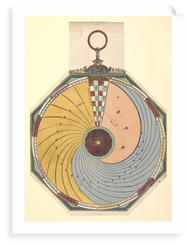 Volvelle to show how to find the time, in hours and minutes, in which the Moon reaches one of its aspects. The disc is fixed and is read by a wire in the centre by Peter Apian