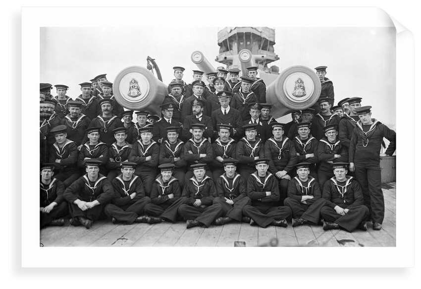 The gun crew of 'A' turret on the forecastle with the barrels of the turret projecting through the group of 'Queen Elizabeth' (1913) by unknown