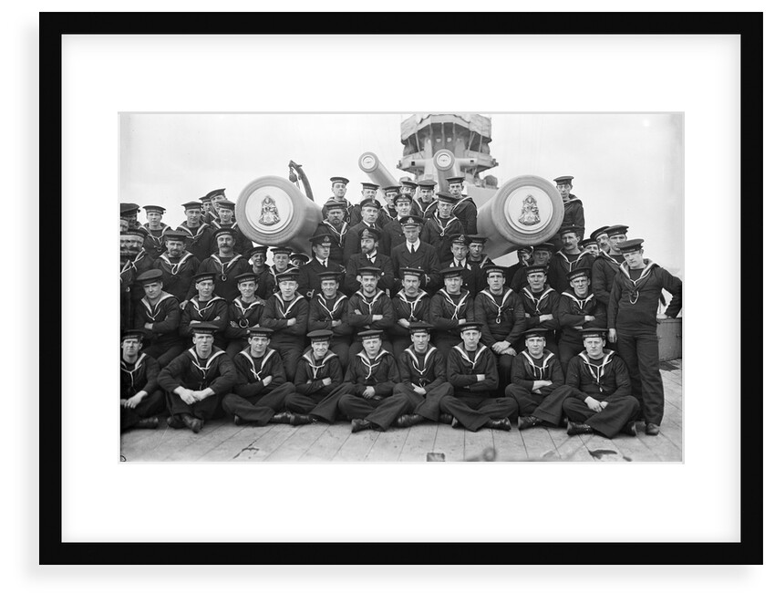 The gun crew of 'A' turret on the forecastle with the barrels of the turret projecting through the group of 'Queen Elizabeth' (1913) by unknown