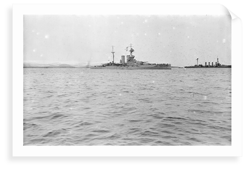 HMS Malaya (1915) in the foreground, armoured cruiser HMS Minotaur (1906) in the distance at anchor in Scapa Flow around February-April 1916 by Unknown