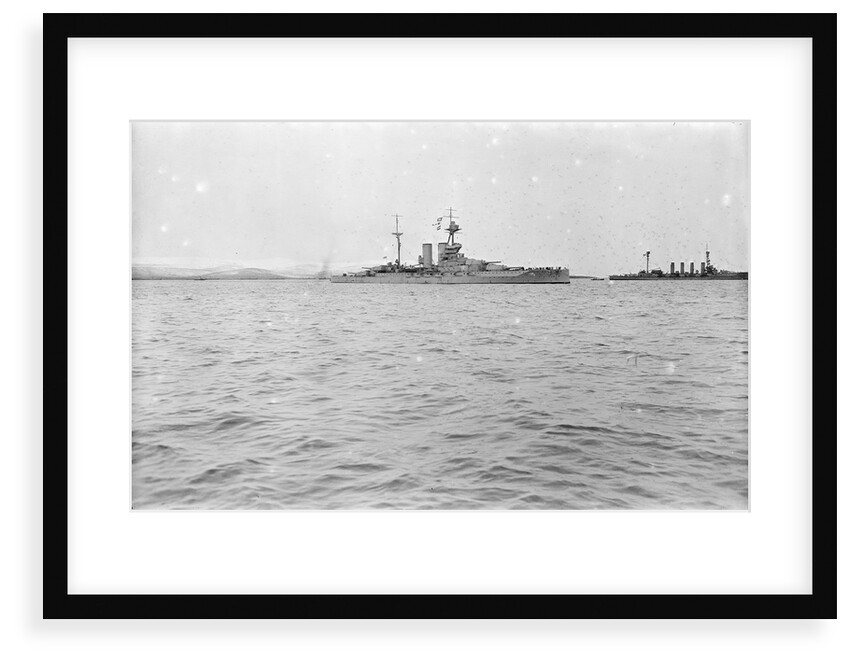 HMS Malaya (1915) in the foreground, armoured cruiser HMS Minotaur (1906) in the distance at anchor in Scapa Flow around February-April 1916 by Unknown
