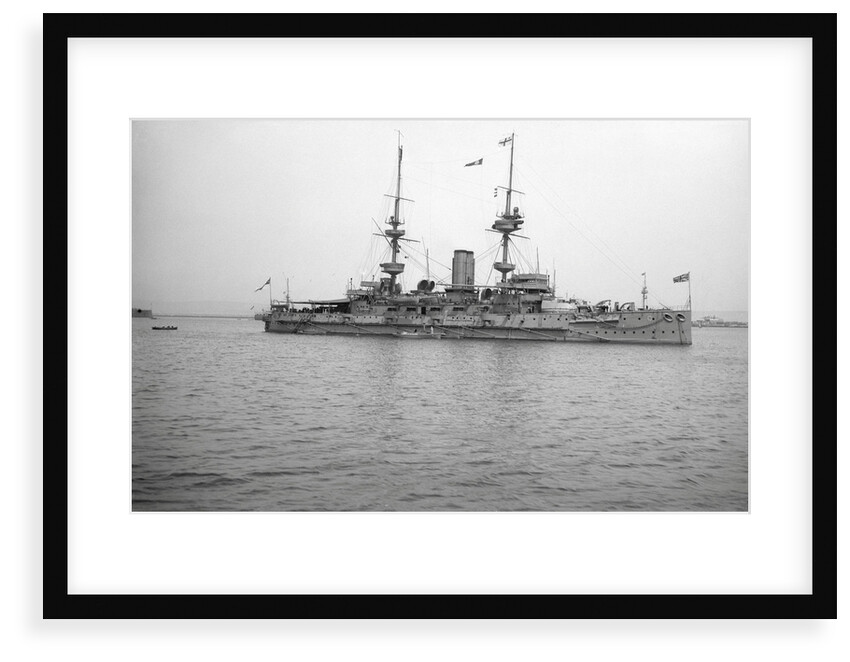 HMS 'Caesar' (1896), battleship, at anchor, awning rigged aft by unknown