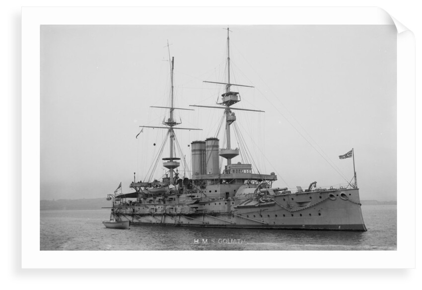 Battleship HMS 'Goliath' (1898), at anchor with awning rigged by unknown