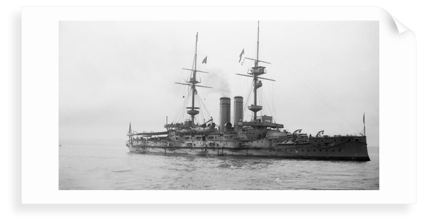 Battleship HMS 'Goliath' (1898), at anchor with awning rigged by unknown