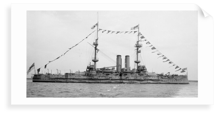 Battleship HMS 'Goliath' (1898) at anchor, dressed overall by unknown