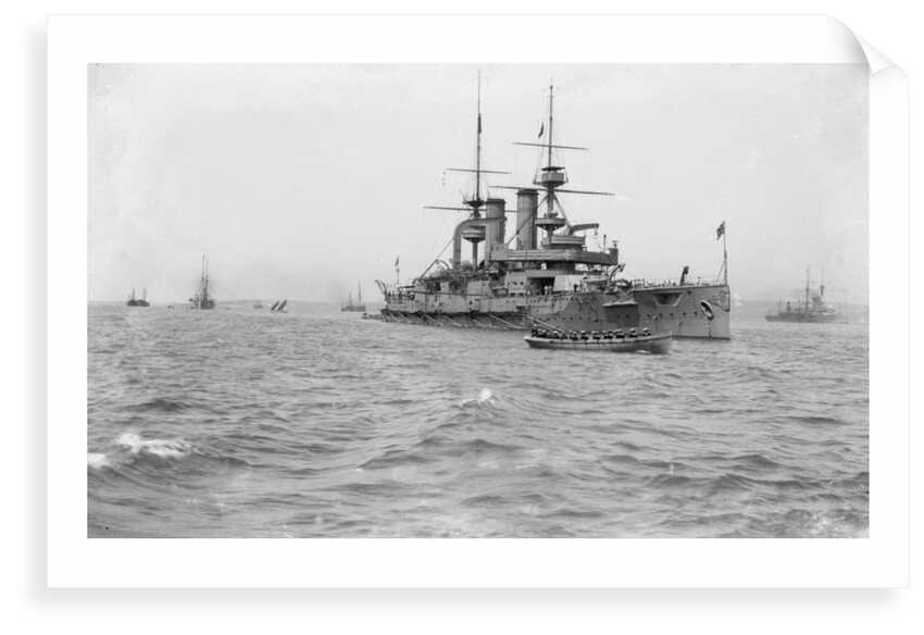 Battleship HMS 'Triumph' (1903) at anchor, slightly distant by unknown