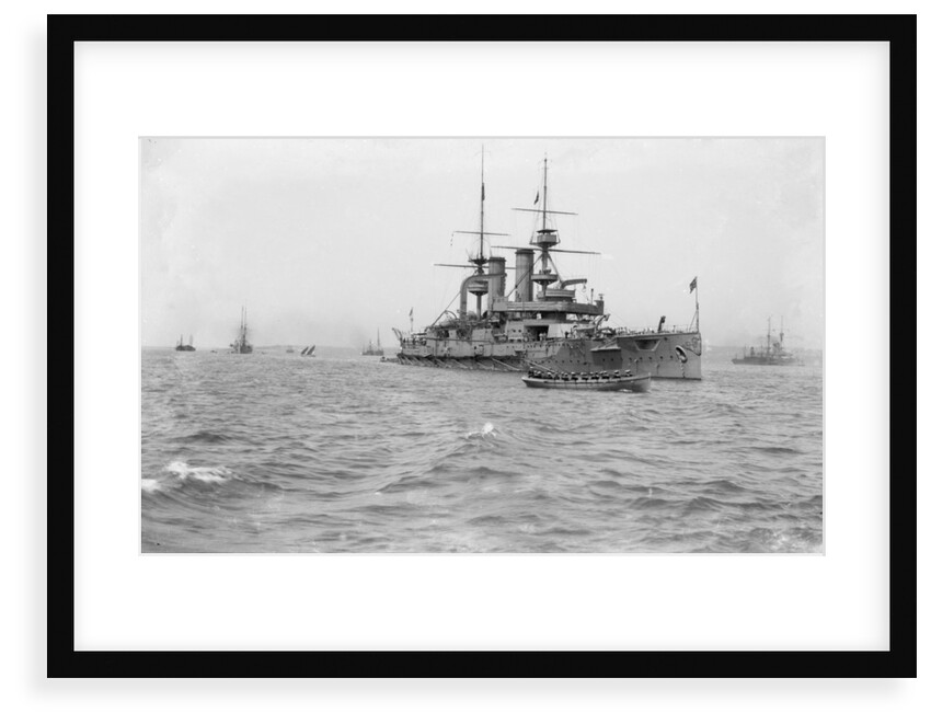 Battleship HMS 'Triumph' (1903) at anchor, slightly distant by unknown