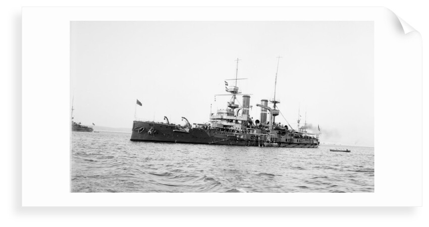 Battleship HMS 'Triumph' (1903) at anchor with awning aft by unknown