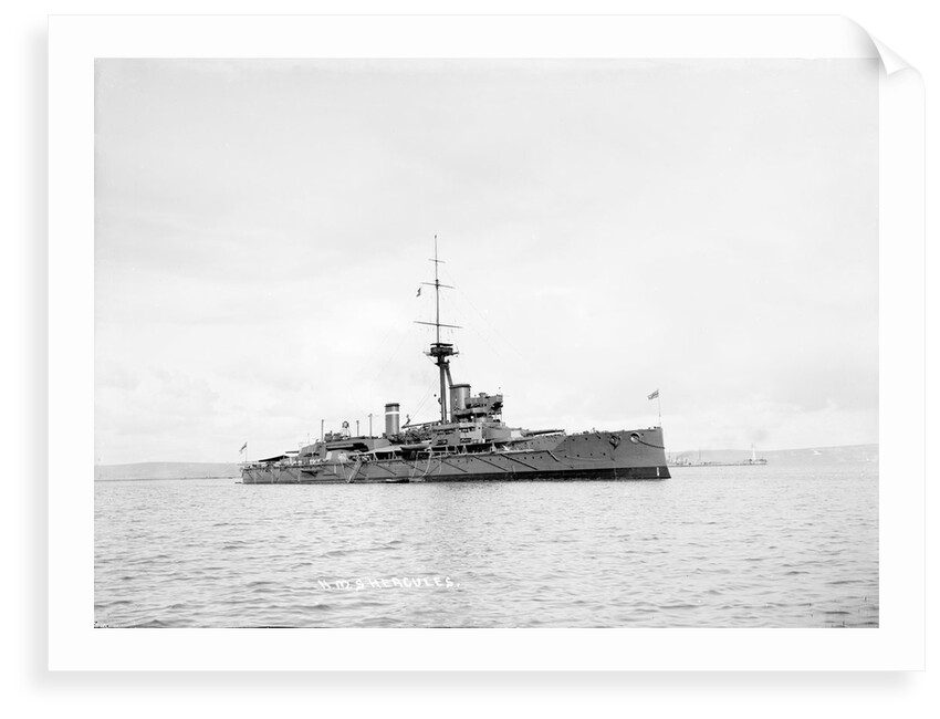 Dreadnought battleship HMS 'Hercules' in 1913, at anchor with awnings amidships and aft by unknown