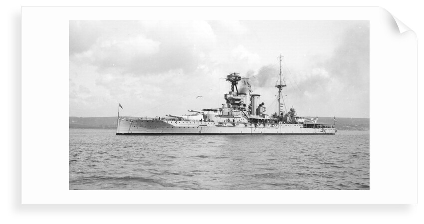 Battleship HMS 'Warspite' (1913) at anchor, with awning rigged aft by unknown