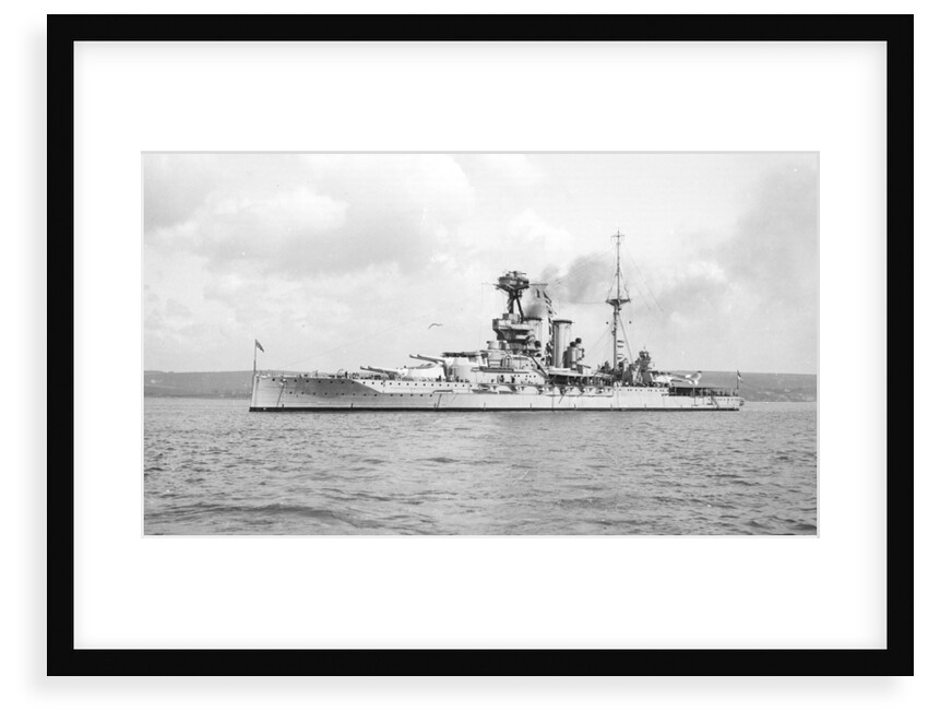 Battleship HMS 'Warspite' (1913) at anchor, with awning rigged aft by unknown