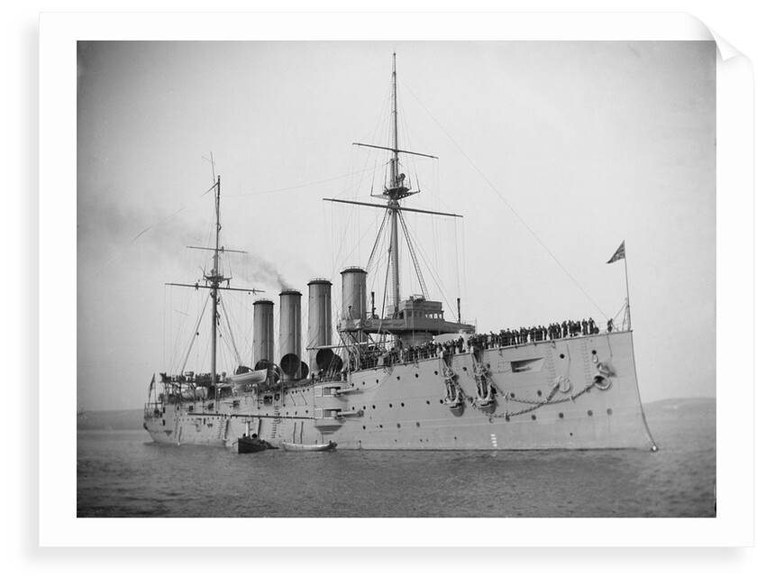 HMS 'Aboukir' (Br, 1900) armoured cruiser at anchor, flying paying off pennant by unknown
