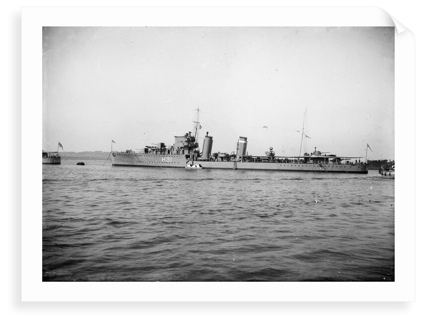 Destroyer HMS 'Bulldog' (1930) anchored at Portland with awning rigged aft by unknown