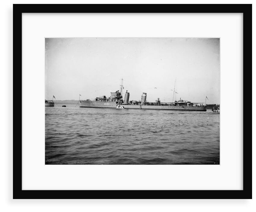 Destroyer HMS 'Bulldog' (1930) anchored at Portland with awning rigged aft by unknown