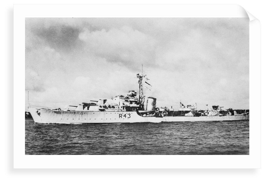 HMS 'Comus' (1945), a port near beam from just forward of broadside view, under way by unknown