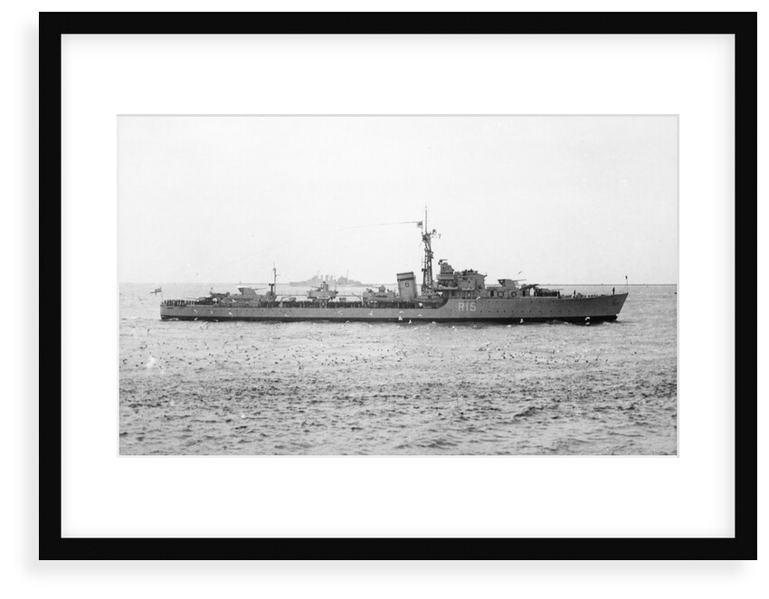 HMS 'Cavendish' (Br, 1944) under way in the Hamoaze, flying paying off pennant and crew lining deck by unknown