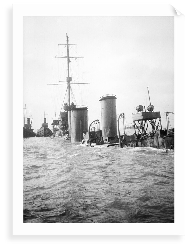 The superstructure and funnels of HMS 'Arethusa' (1913) aground on Cutler Shoal. by Lieutenant Geoffroy William Winsmore Hooper