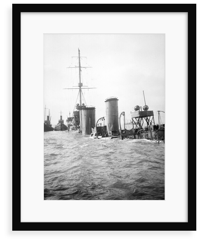 The superstructure and funnels of HMS 'Arethusa' (1913) aground on Cutler Shoal. by Lieutenant Geoffroy William Winsmore Hooper