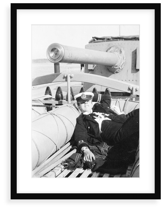 Engineer Lieutenant S. Hocken in the Carley raft on the quarterdeck of HMS 'Aurora' (1913) by Lieutenant Geoffroy William Winsmore Hooper
