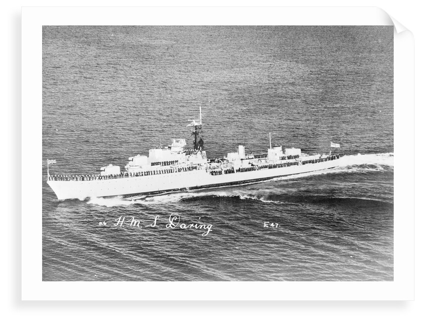 Destroyer HMS 'Daring' (1949) under way with crew in review order manning the ship by unknown