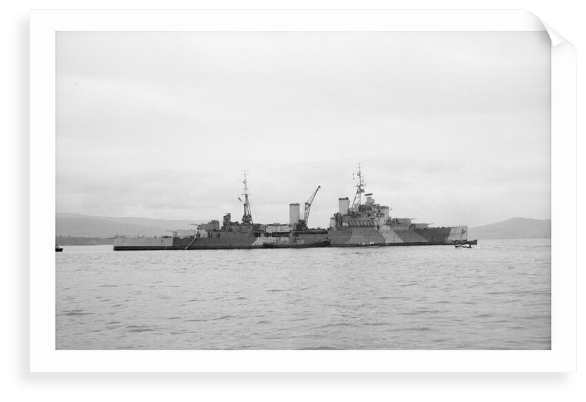 HMS 'Bermuda' (1941) at anchor in the Clyde, preparing for refit by unknown