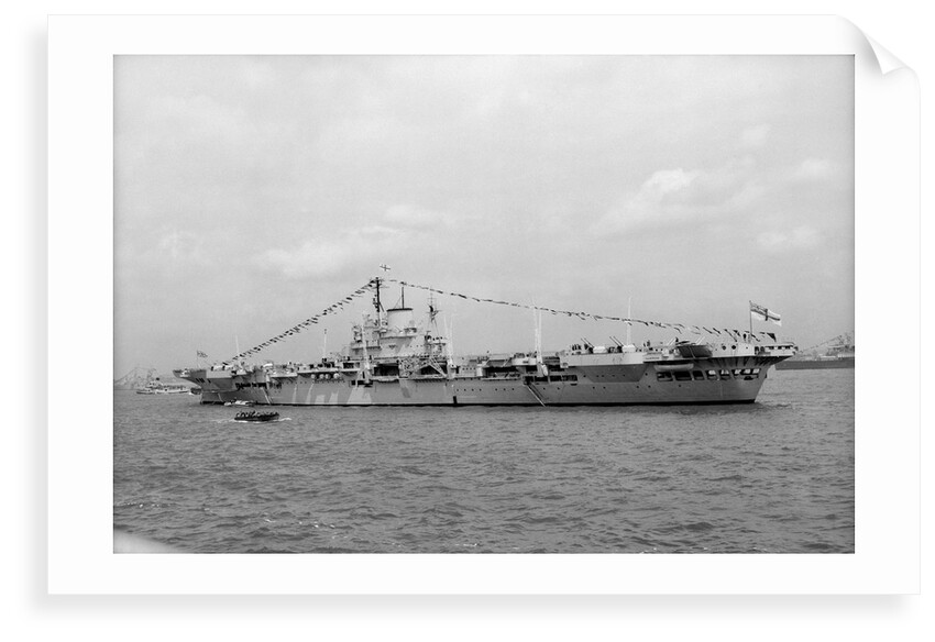 Aircraft carrier HMS 'Illustrious' (1939) on 15th June 1953, anchored in Line F at Spithead for the Coronation Review. Dressed overall by unknown