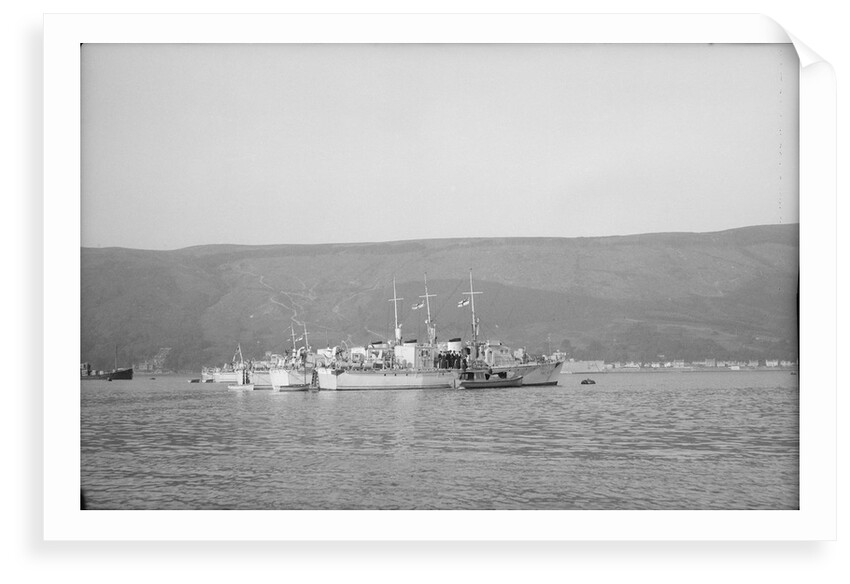 Photograph of vessel 'RML539' (1942) a starboard side view, taken from just abaft the beam, of the vessel at moorings in Holy Loch in 1945 with four other rescue launches in the same line by unknown
