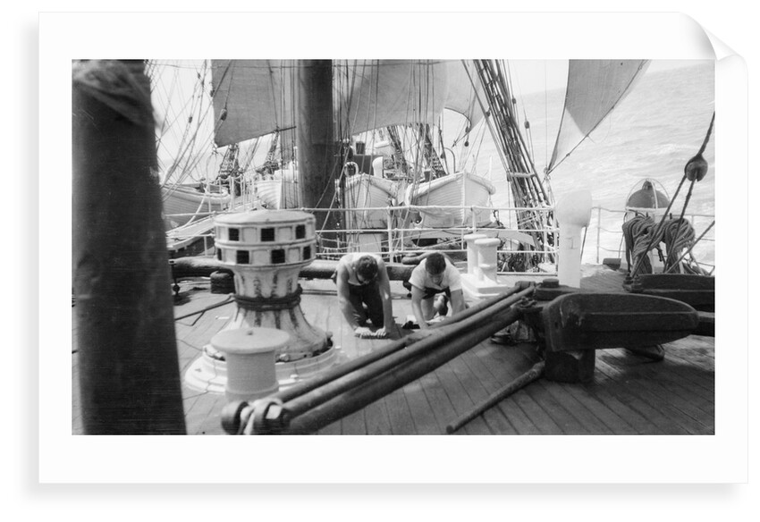 'Herzogin Cecilie' (launched 1902) under sail, two seamen are holystoning the deck, 1928 by Gustaf Erikson