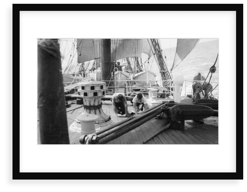 'Herzogin Cecilie' (launched 1902) under sail, two seamen are holystoning the deck, 1928 by Gustaf Erikson