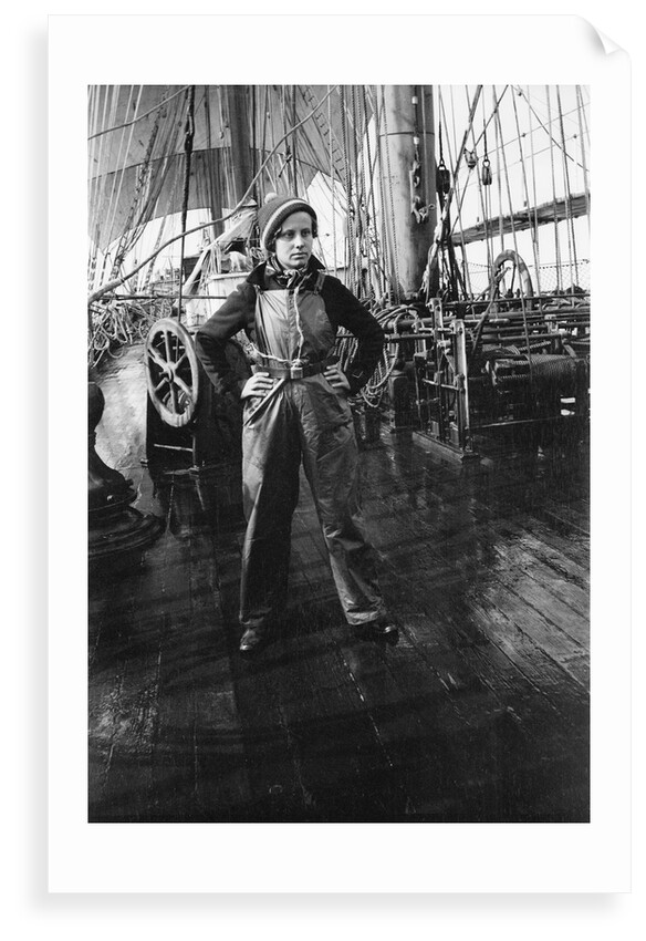 Elisabeth Jacobsen on deck, in oilskins, aboard 4 masted barque 'Parma' (Fi, 1902), ex 'Arrow' (Ruben de Cloux) by Alan Villiers