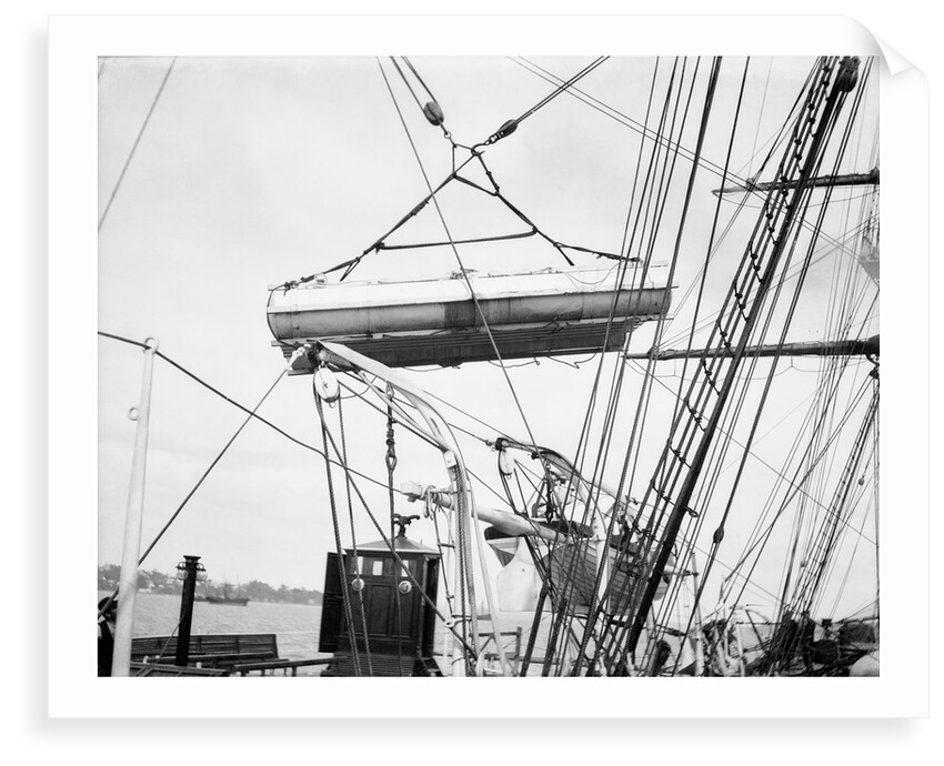The life raft from 'Elingamite' (1887) being hoisted outboard of HMS 'Penguin' (1876) by Willoughby Pudsey Dawson