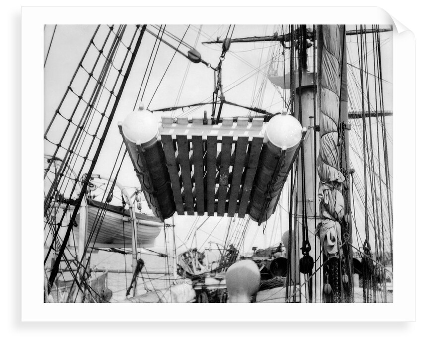 The life raft from 'Elingamite' (1887) being hoisted off the upper deck of HMS 'Penguin' (1876) by Willoughby Pudsey Dawson