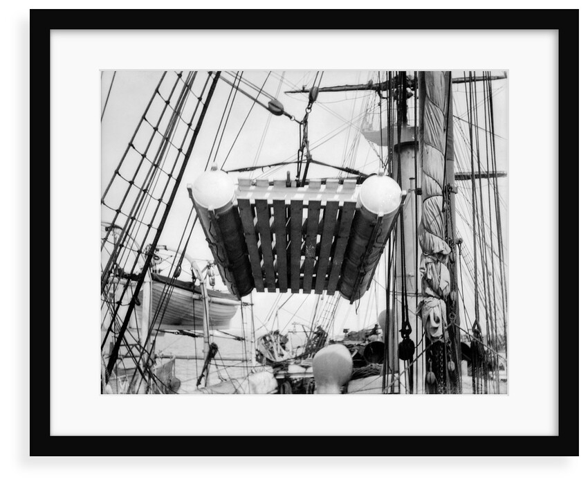 The life raft from 'Elingamite' (1887) being hoisted off the upper deck of HMS 'Penguin' (1876) by Willoughby Pudsey Dawson