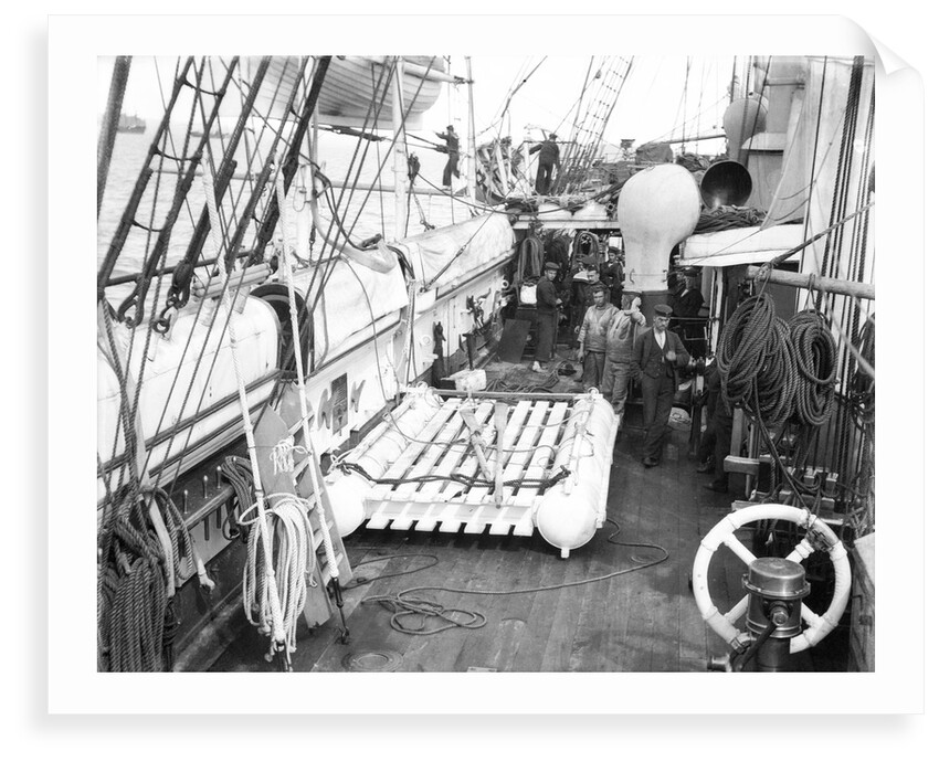 The life raft from 'Elingamite' (1887) on the upper deck of HMS 'Penguin' (1876) by Willoughby Pudsey Dawson