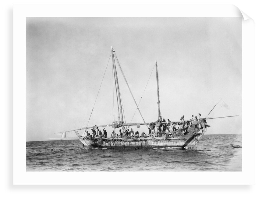 A crowded Kuwaiti pearling shu'i during a break from diving by Alan Villiers