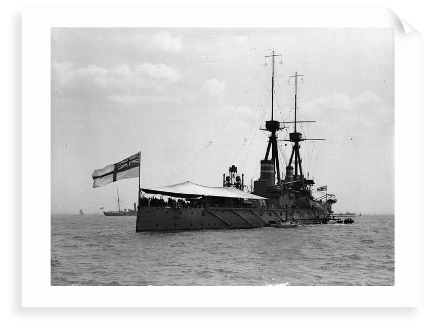 Battleship HMS 'Temeraire' (1907) at anchor at Spithead, with awning rigged aft by unknown
