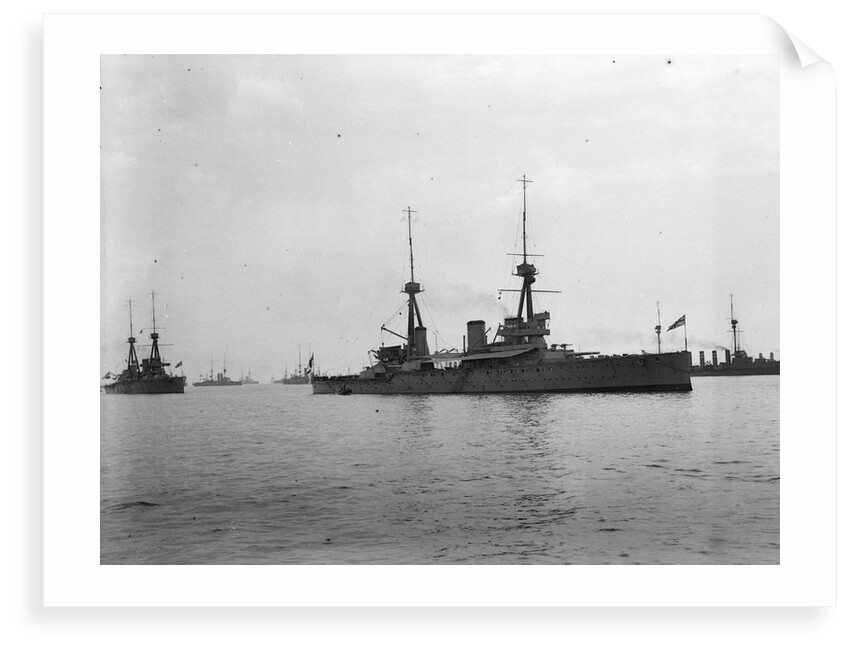 Battlecruiser HMS 'Inflexible' (1907) at anchor at Spithead, with awning rigged amidships by unknown