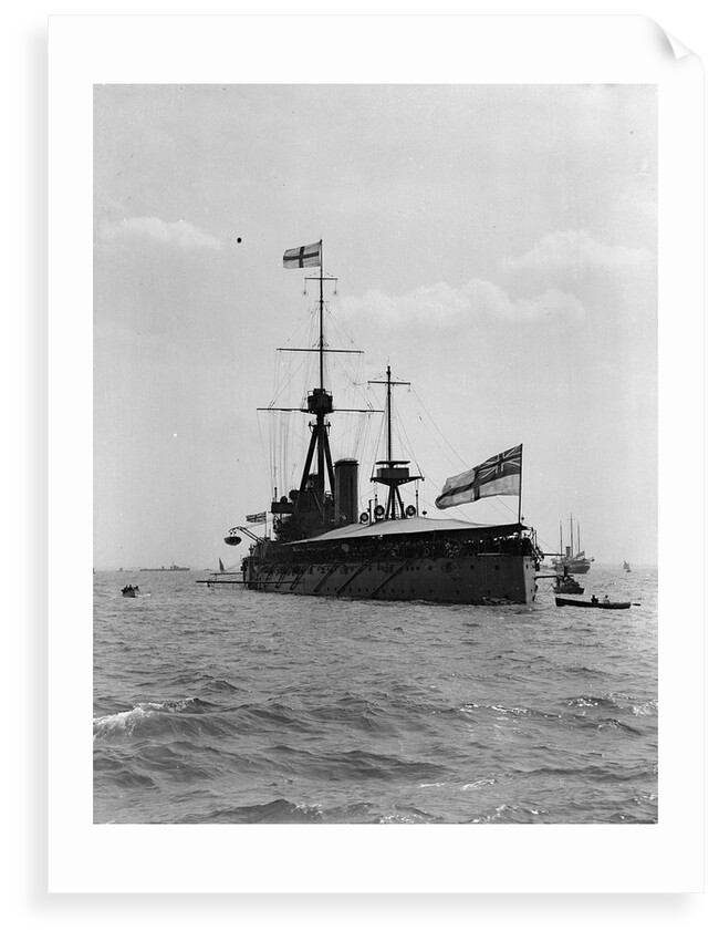 Battleship HMS 'Dreadnought' (1906) at anchor at Spithead, with awning rigged amidships and aft by unknown