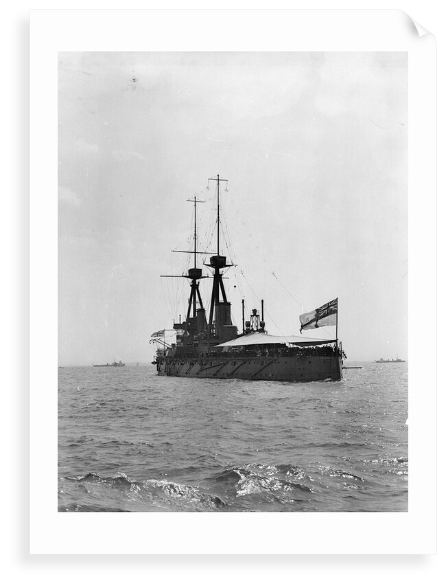 Battleship HMS 'Bellerophon' (1907) at anchor at Spithead, with awning rigged aft by unknown