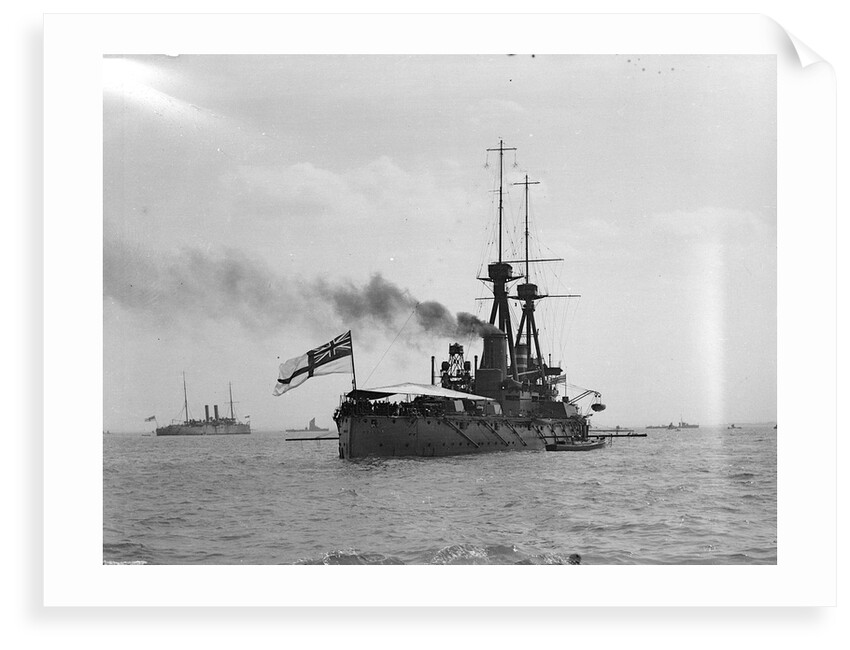 Battleship HMS 'Superb' (1907) at anchor at Spithead, with awning rigged aft by unknown
