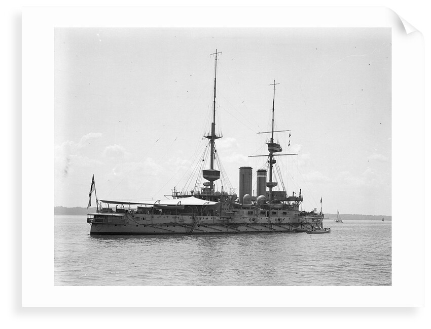 HMS 'Implacable' (1899) at anchor at Spithead, with awning rigged aft by unknown