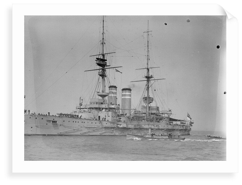 Battleship HMS 'Queen' (1902) at anchor at Spithead, with awning rigged aft by unknown