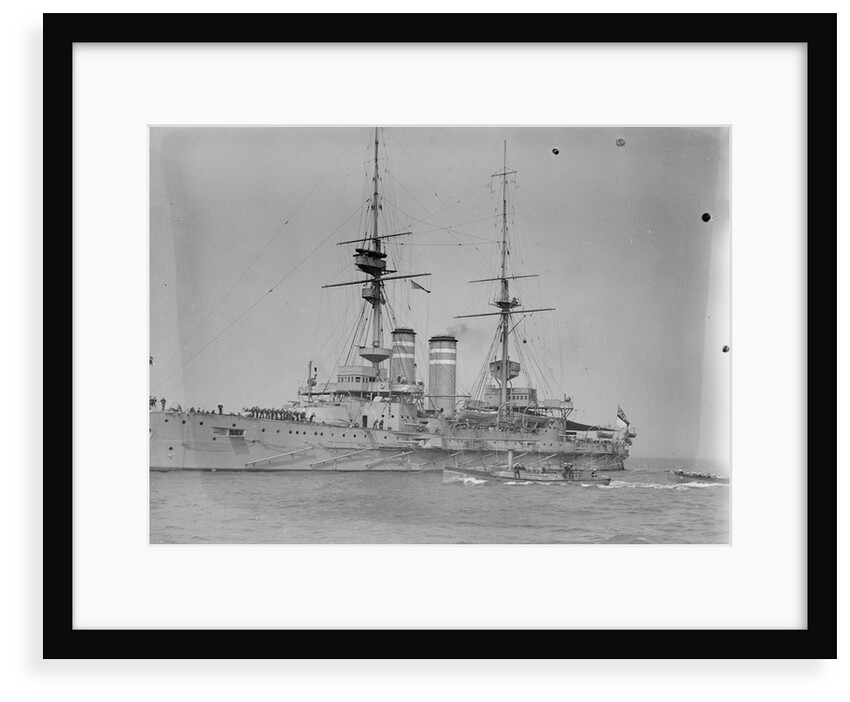 Battleship HMS 'Queen' (1902) at anchor at Spithead, with awning rigged aft by unknown